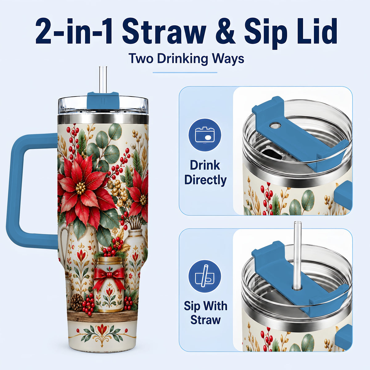 #pl[40oz|Blue] Christmas Poinsettia 40oz Tumbler with Handle, Rustic Floral Design
