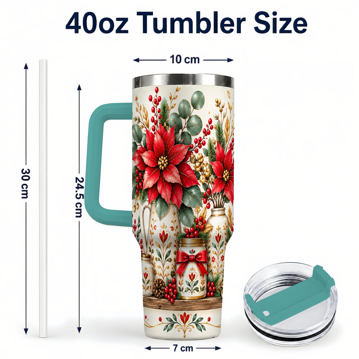 #pl[40oz|Green] Christmas Poinsettia 40oz Tumbler with Handle, Rustic Floral Design