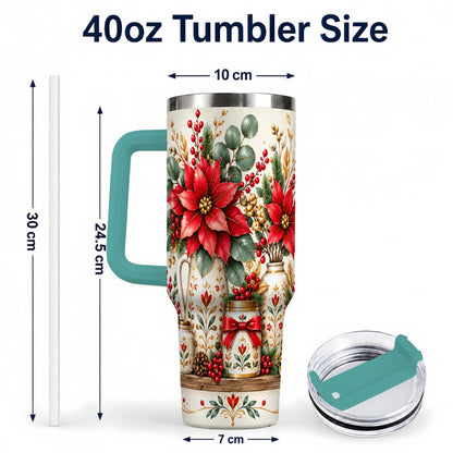 #pl[40oz|Green] Christmas Poinsettia 40oz Tumbler with Handle, Rustic Floral Design