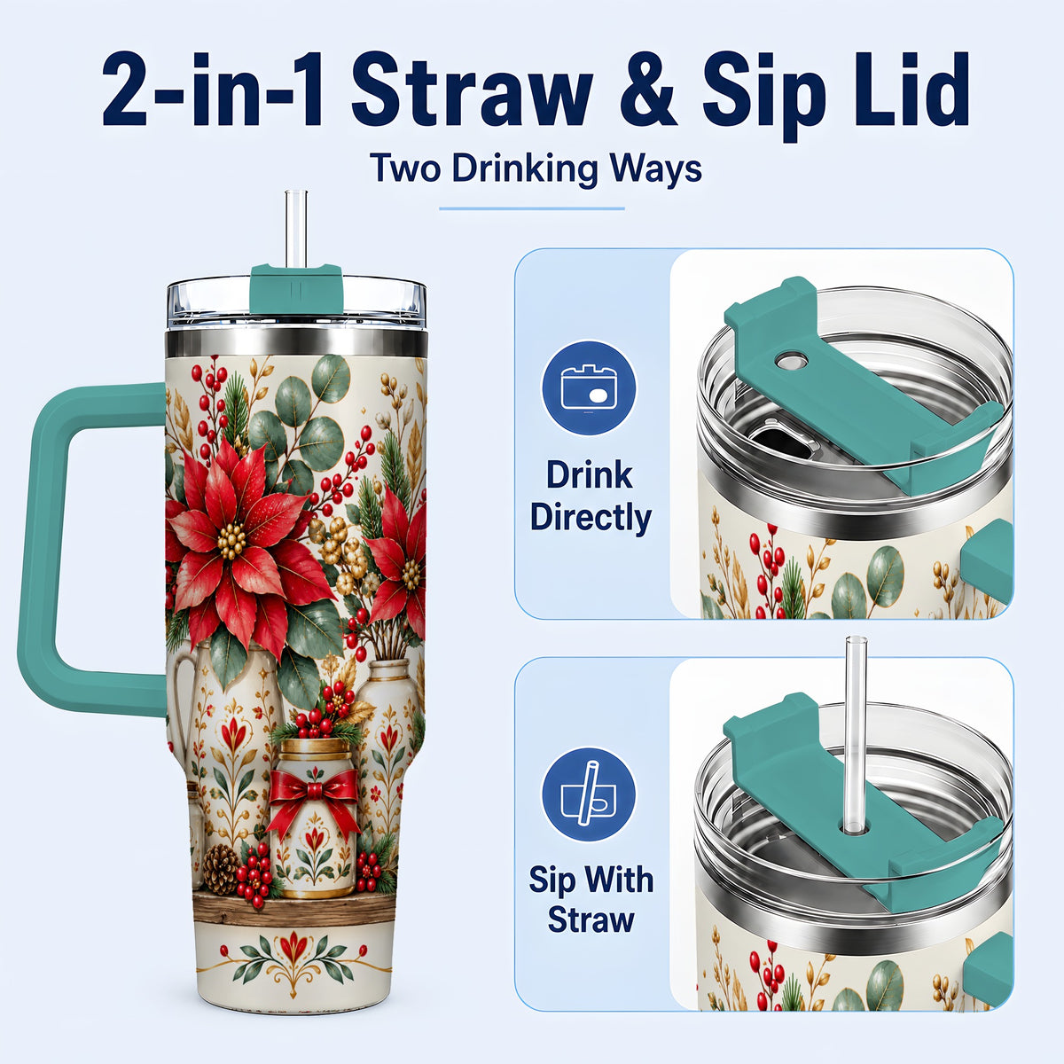 #pl[40oz|Green] Christmas Poinsettia 40oz Tumbler with Handle, Rustic Floral Design