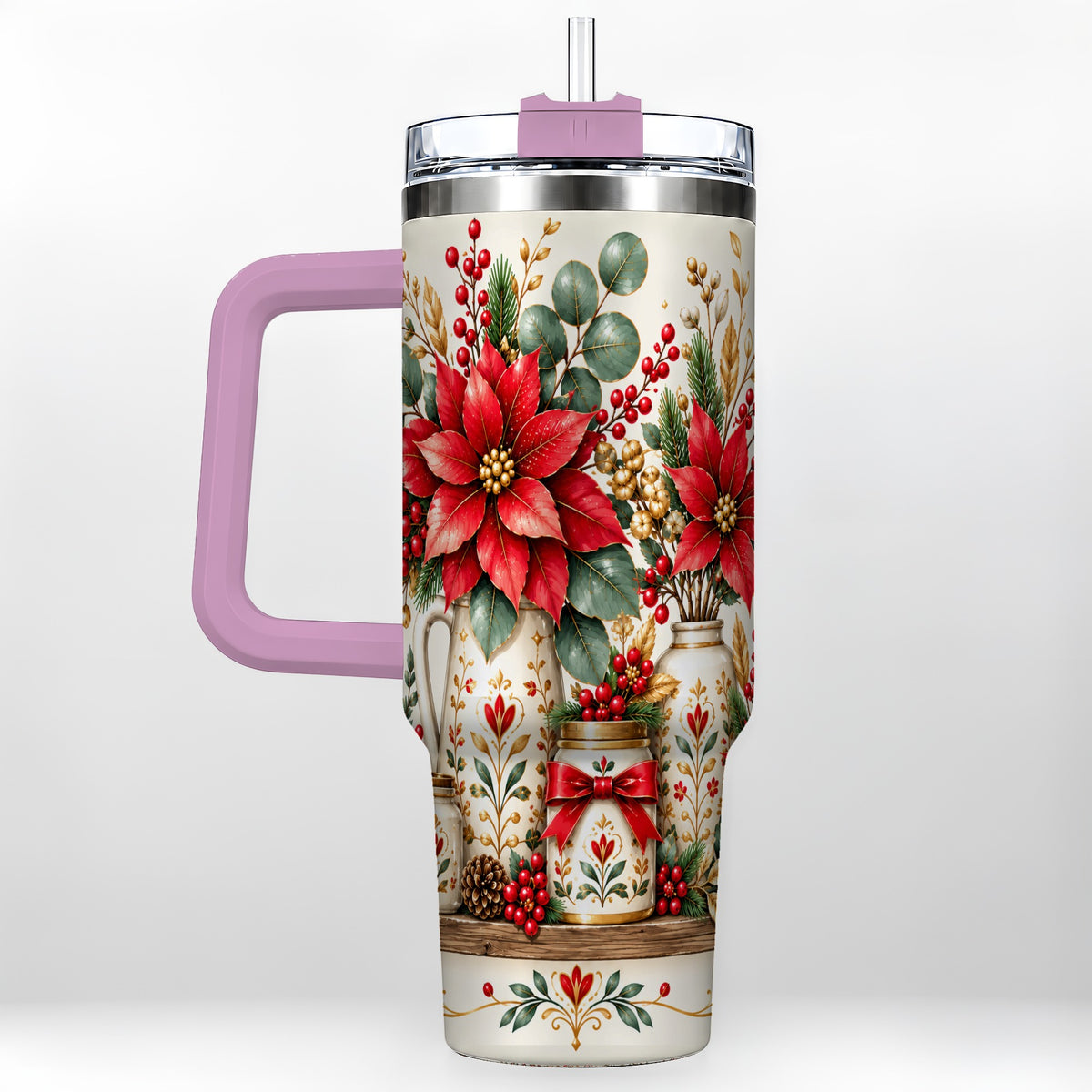 #pl[40oz|Pink] Christmas Poinsettia 40oz Tumbler with Handle, Rustic Floral Design