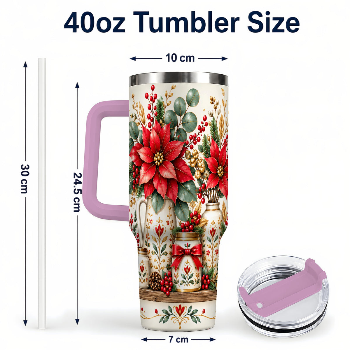 #pl[40oz|Pink] Christmas Poinsettia 40oz Tumbler with Handle, Rustic Floral Design