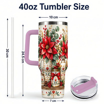 #pl[40oz|Pink] Christmas Poinsettia 40oz Tumbler with Handle, Rustic Floral Design