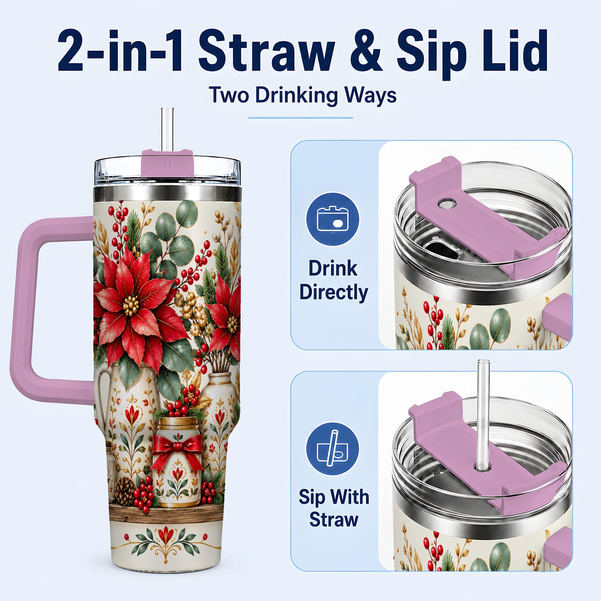 #pl[40oz|Pink] Christmas Poinsettia 40oz Tumbler with Handle, Rustic Floral Design