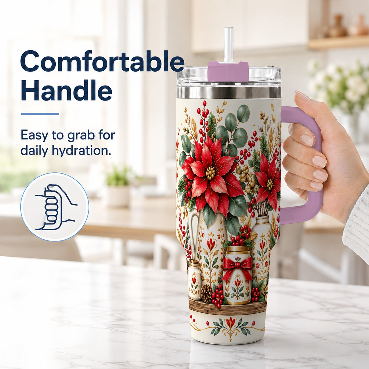 #pl[40oz|Pink] Christmas Poinsettia 40oz Tumbler with Handle, Rustic Floral Design