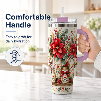 #pl[40oz|Pink] Christmas Poinsettia 40oz Tumbler with Handle, Rustic Floral Design