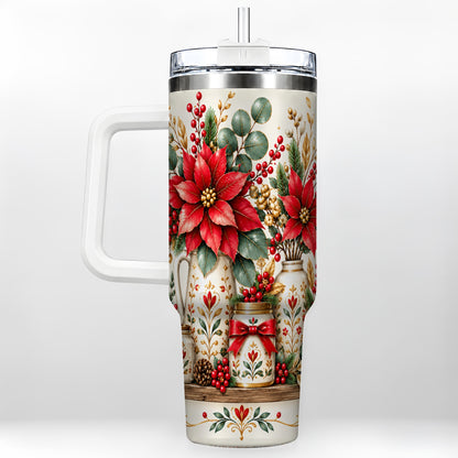 Christmas Poinsettia 40oz Tumbler with Handle, Rustic Floral Design