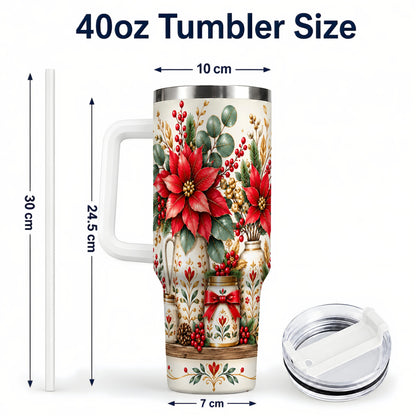 #pl[40oz|White] Christmas Poinsettia 40oz Tumbler with Handle, Rustic Floral Design