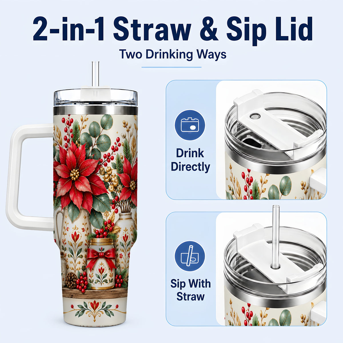 #pl[40oz|White] Christmas Poinsettia 40oz Tumbler with Handle, Rustic Floral Design
