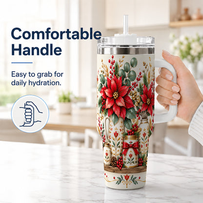 #pl[40oz|White] Christmas Poinsettia 40oz Tumbler with Handle, Rustic Floral Design