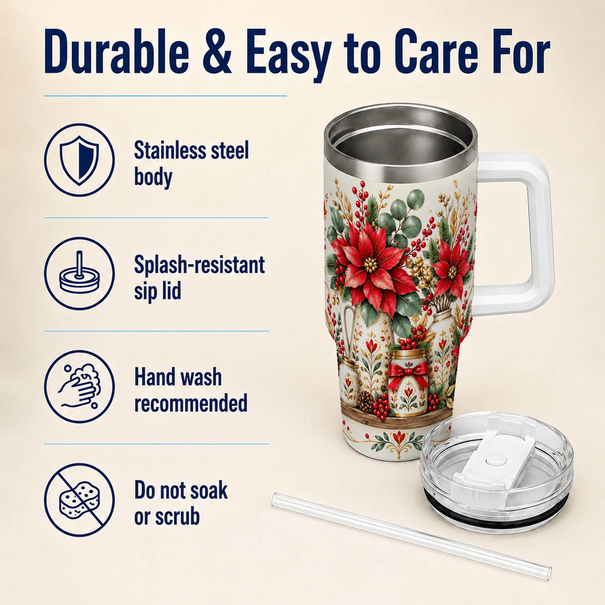 Christmas Poinsettia 40oz Tumbler with Handle, Rustic Floral Design