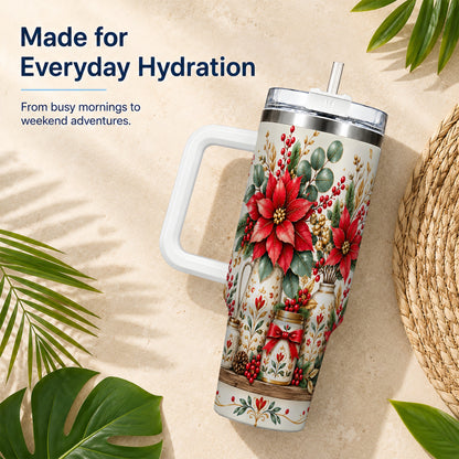Christmas Poinsettia 40oz Tumbler with Handle, Rustic Floral Design