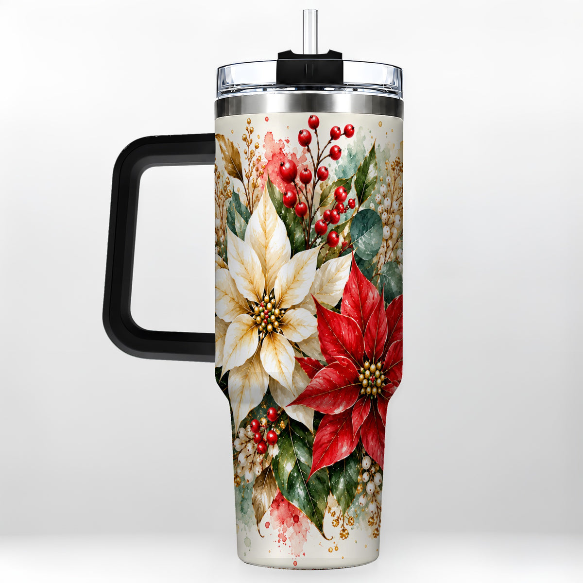 #pl[40oz|Black] Christmas Poinsettia 40oz Tumbler with Handle, Watercolor Floral Art