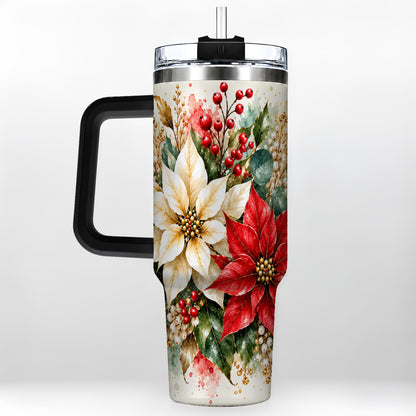 #pl[40oz|Black] Christmas Poinsettia 40oz Tumbler with Handle, Watercolor Floral Art