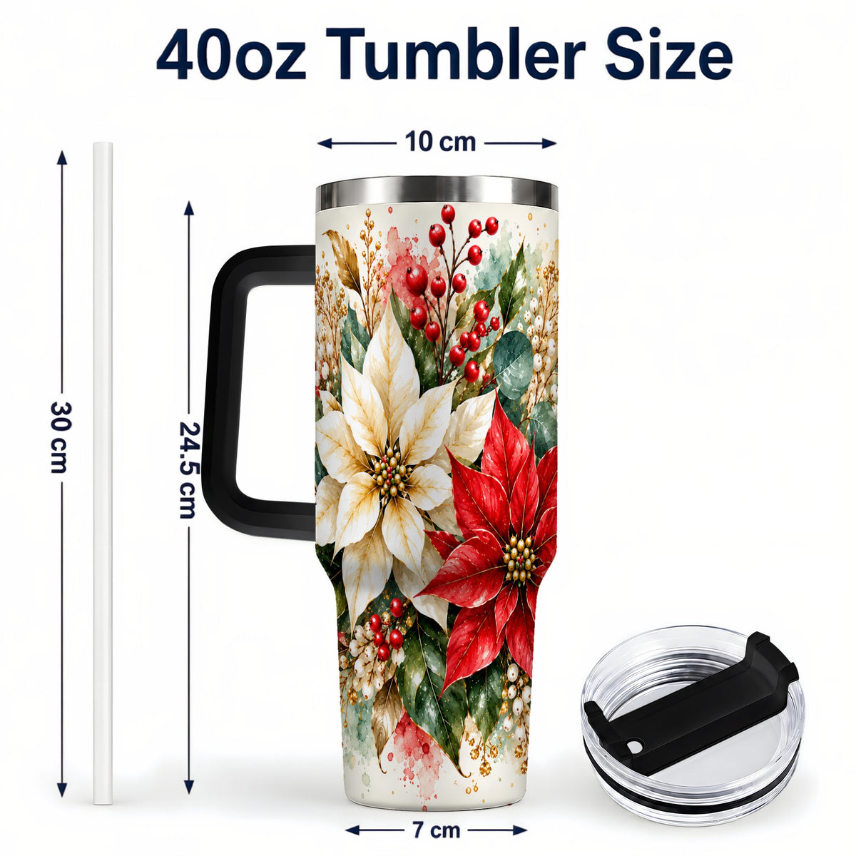 #pl[40oz|Black] Christmas Poinsettia 40oz Tumbler with Handle, Watercolor Floral Art
