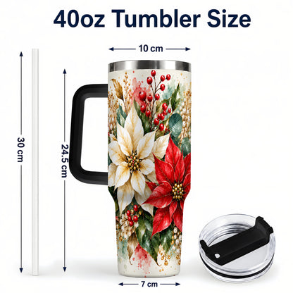 #pl[40oz|Black] Christmas Poinsettia 40oz Tumbler with Handle, Watercolor Floral Art
