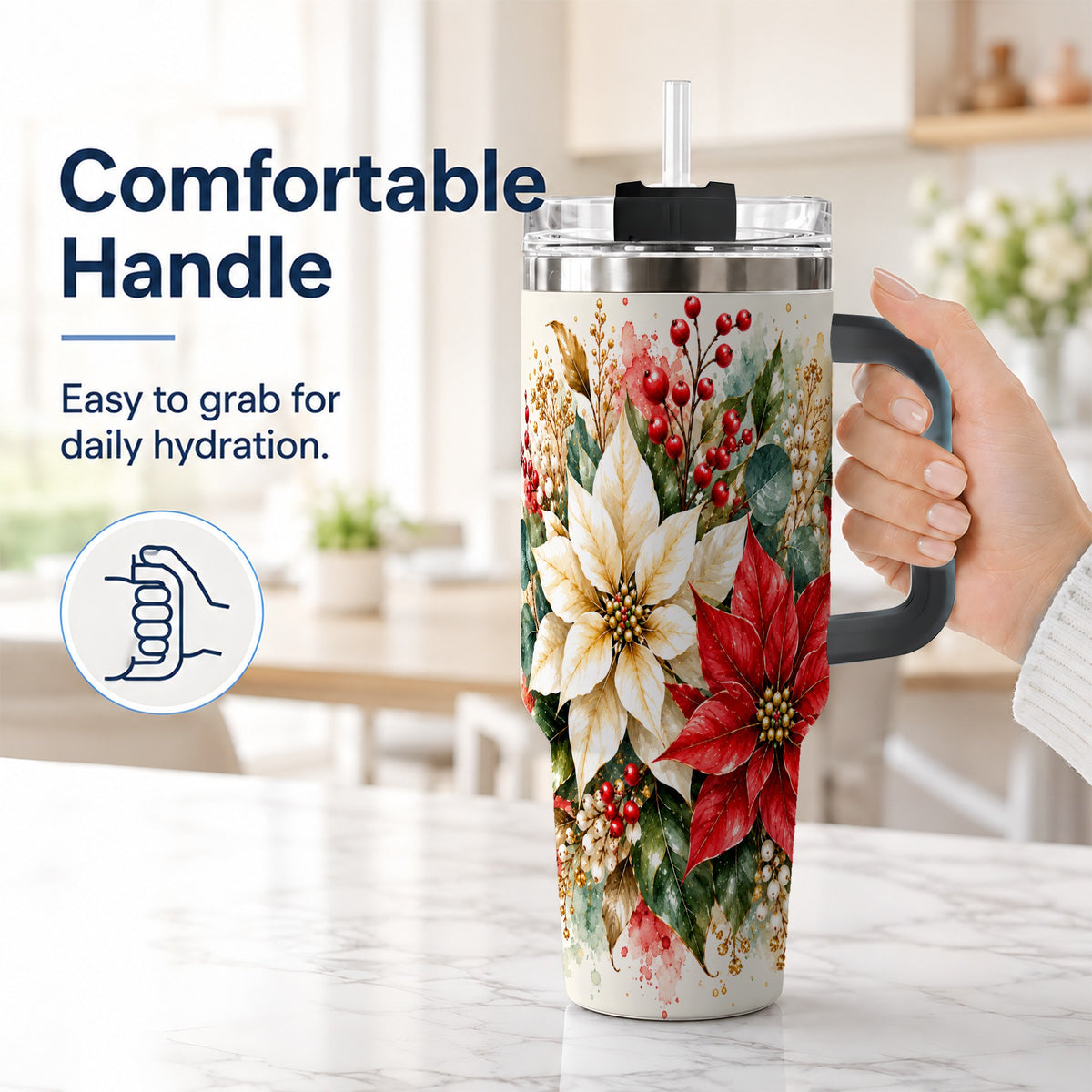 #pl[40oz|Black] Christmas Poinsettia 40oz Tumbler with Handle, Watercolor Floral Art