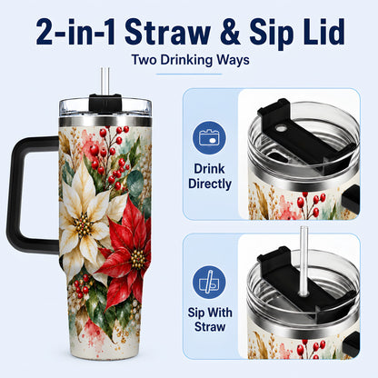 #pl[40oz|Black] Christmas Poinsettia 40oz Tumbler with Handle, Watercolor Floral Art