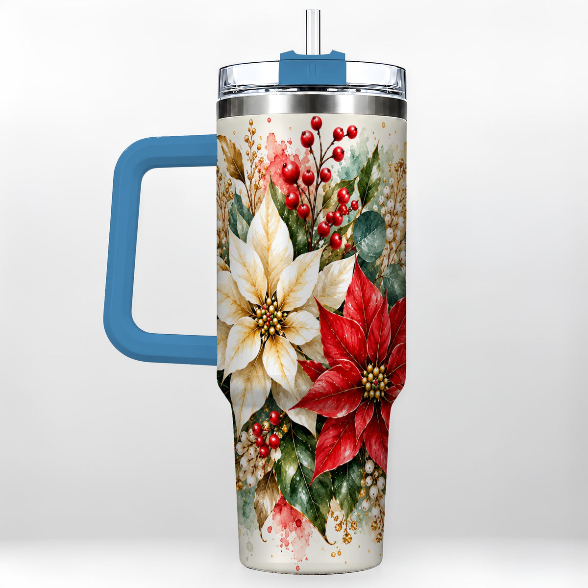 #pl[40oz|Blue] Christmas Poinsettia 40oz Tumbler with Handle, Watercolor Floral Art