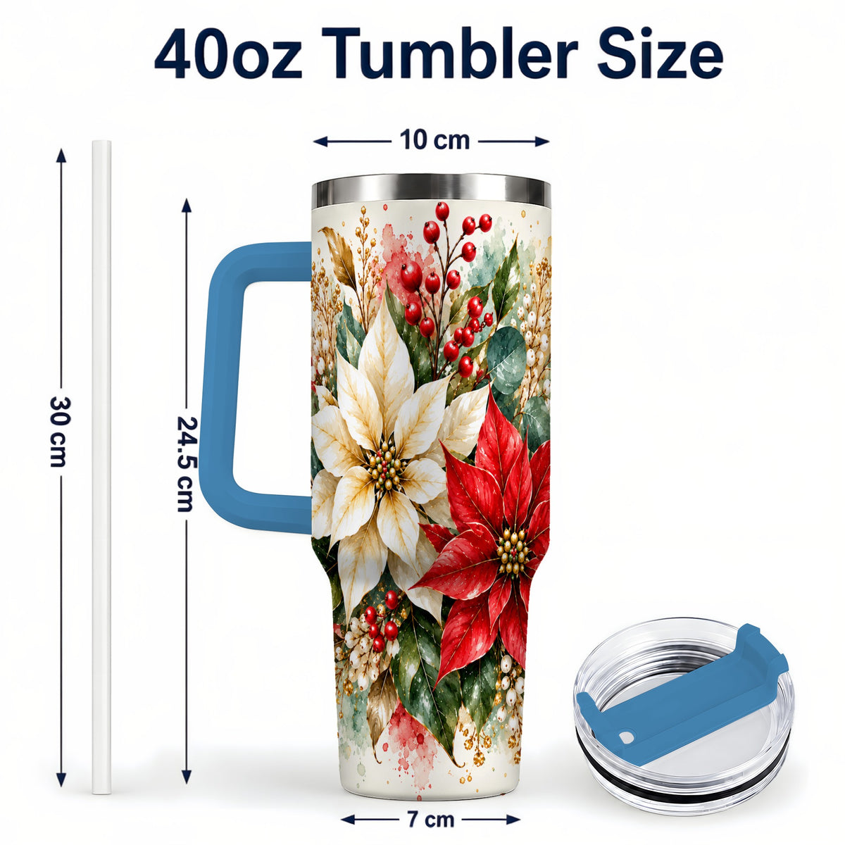 #pl[40oz|Blue] Christmas Poinsettia 40oz Tumbler with Handle, Watercolor Floral Art