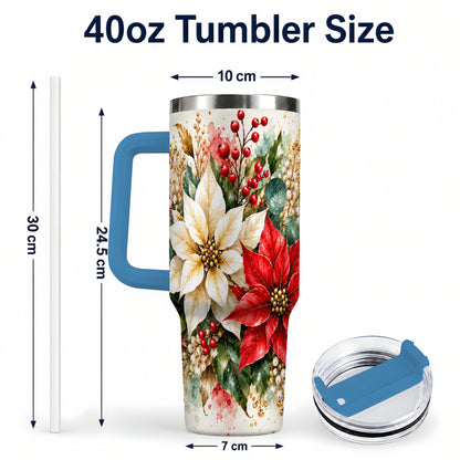 #pl[40oz|Blue] Christmas Poinsettia 40oz Tumbler with Handle, Watercolor Floral Art