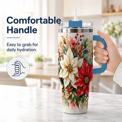 #pl[40oz|Blue] Christmas Poinsettia 40oz Tumbler with Handle, Watercolor Floral Art