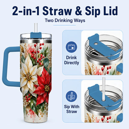 #pl[40oz|Blue] Christmas Poinsettia 40oz Tumbler with Handle, Watercolor Floral Art