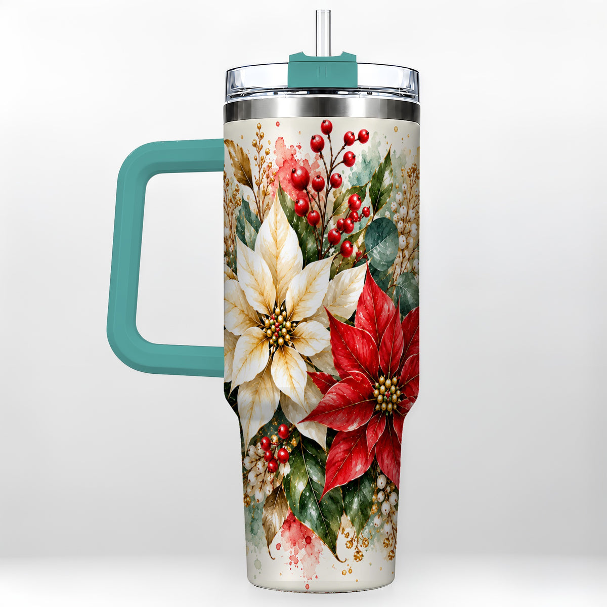 #pl[40oz|Green] Christmas Poinsettia 40oz Tumbler with Handle, Watercolor Floral Art