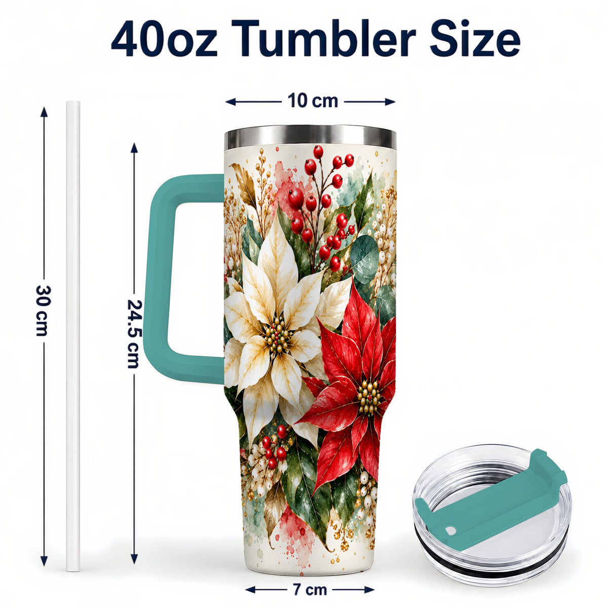 #pl[40oz|Green] Christmas Poinsettia 40oz Tumbler with Handle, Watercolor Floral Art