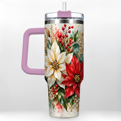 #pl[40oz|Pink] Christmas Poinsettia 40oz Tumbler with Handle, Watercolor Floral Art
