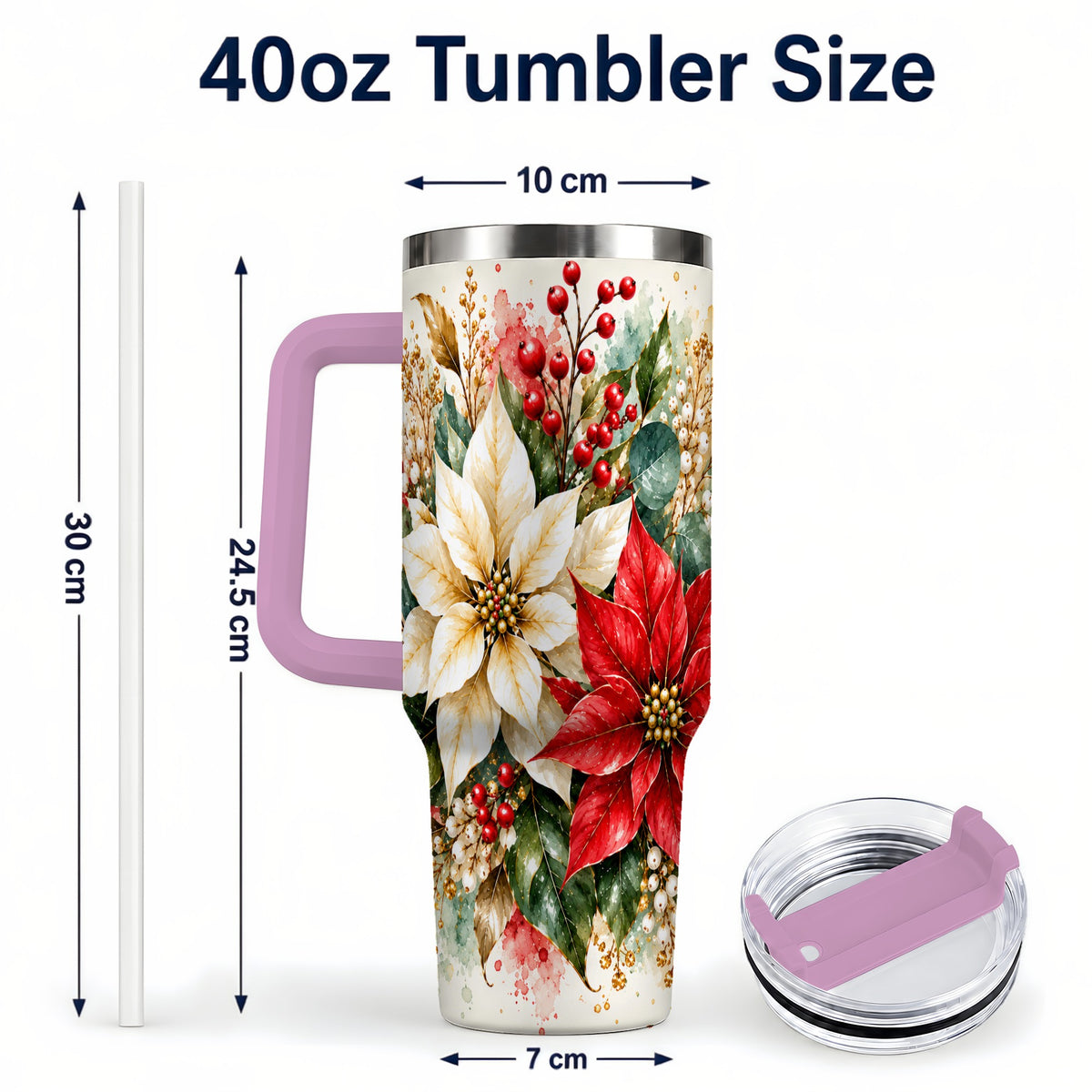 #pl[40oz|Pink] Christmas Poinsettia 40oz Tumbler with Handle, Watercolor Floral Art