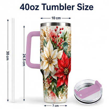 #pl[40oz|Pink] Christmas Poinsettia 40oz Tumbler with Handle, Watercolor Floral Art