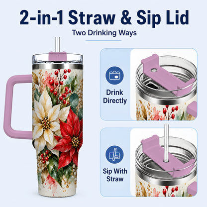 #pl[40oz|Pink] Christmas Poinsettia 40oz Tumbler with Handle, Watercolor Floral Art