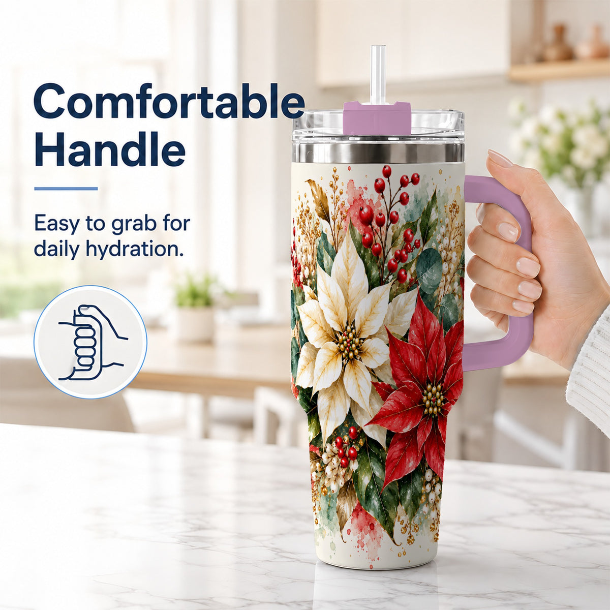 #pl[40oz|Pink] Christmas Poinsettia 40oz Tumbler with Handle, Watercolor Floral Art