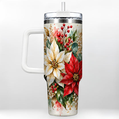 Christmas Poinsettia 40oz Tumbler with Handle, Watercolor Floral Art