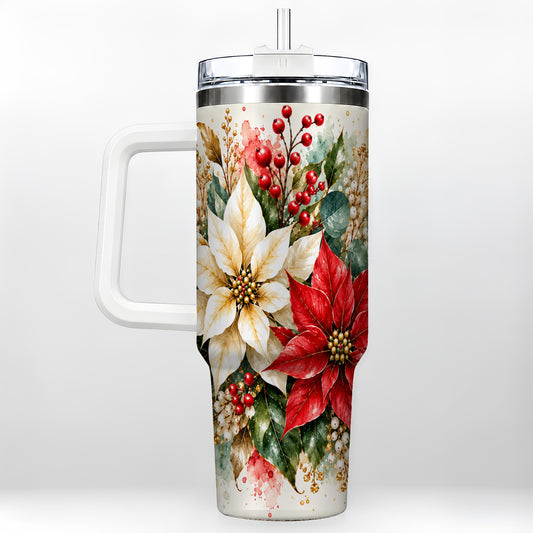 Christmas Poinsettia 40oz Tumbler with Handle, Watercolor Floral Art