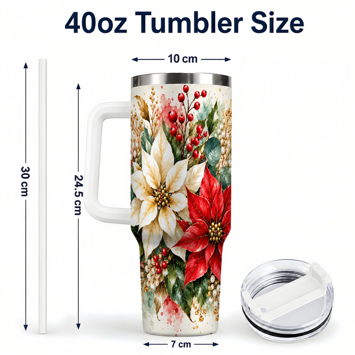 #pl[40oz|White] Christmas Poinsettia 40oz Tumbler with Handle, Watercolor Floral Art