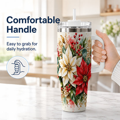#pl[40oz|White] Christmas Poinsettia 40oz Tumbler with Handle, Watercolor Floral Art