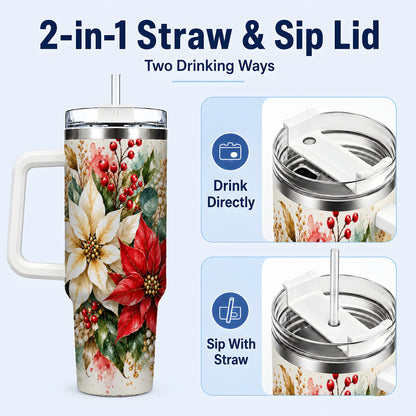 #pl[40oz|White] Christmas Poinsettia 40oz Tumbler with Handle, Watercolor Floral Art