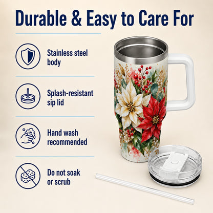 Christmas Poinsettia 40oz Tumbler with Handle, Watercolor Floral Art