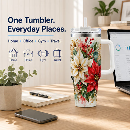 Christmas Poinsettia 40oz Tumbler with Handle, Watercolor Floral Art