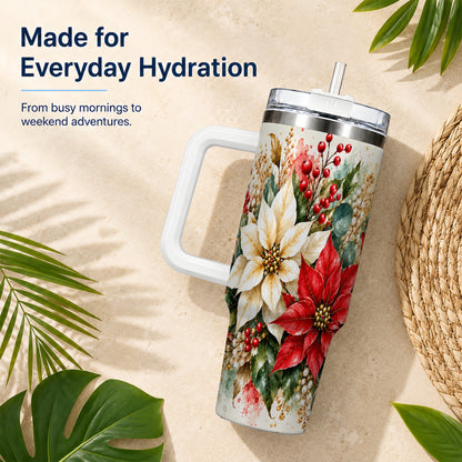 Christmas Poinsettia 40oz Tumbler with Handle, Watercolor Floral Art