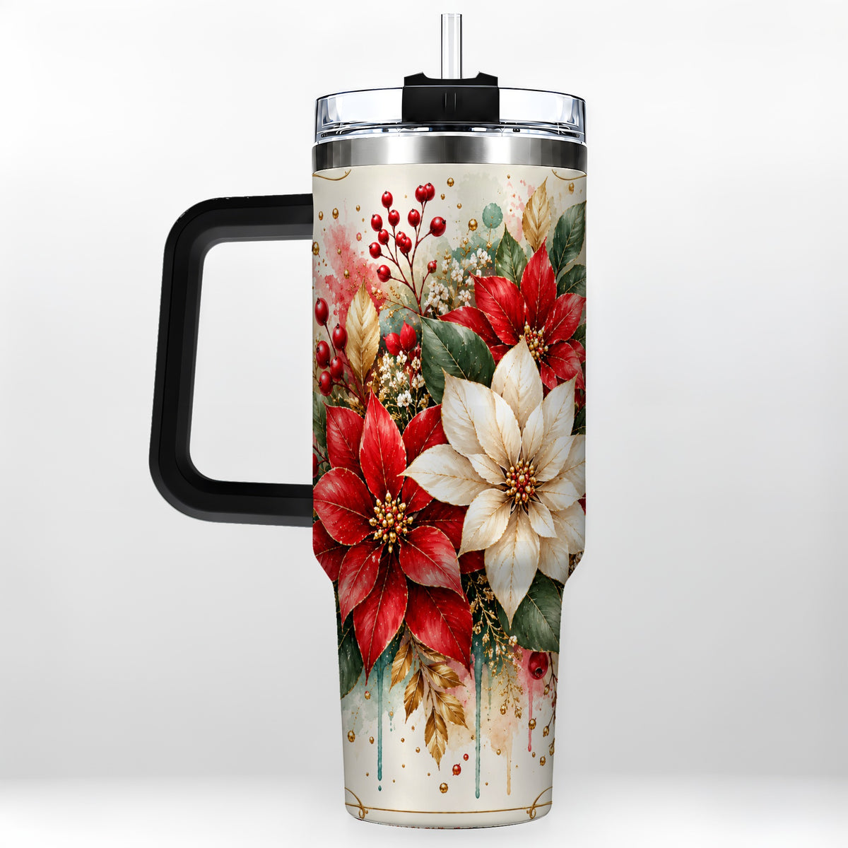 #pl[40oz|Black] Christmas Poinsettia 40oz Tumbler with Handle, Vintage Botanical Art