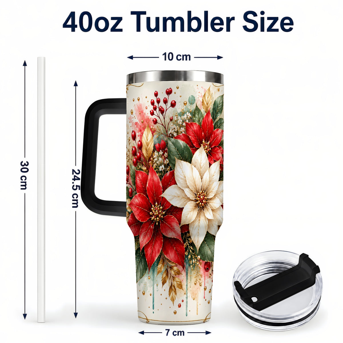 #pl[40oz|Black] Christmas Poinsettia 40oz Tumbler with Handle, Vintage Botanical Art