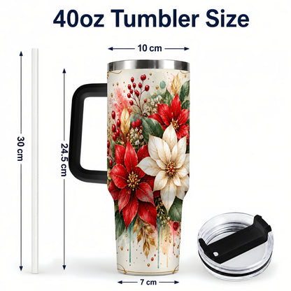#pl[40oz|Black] Christmas Poinsettia 40oz Tumbler with Handle, Vintage Botanical Art