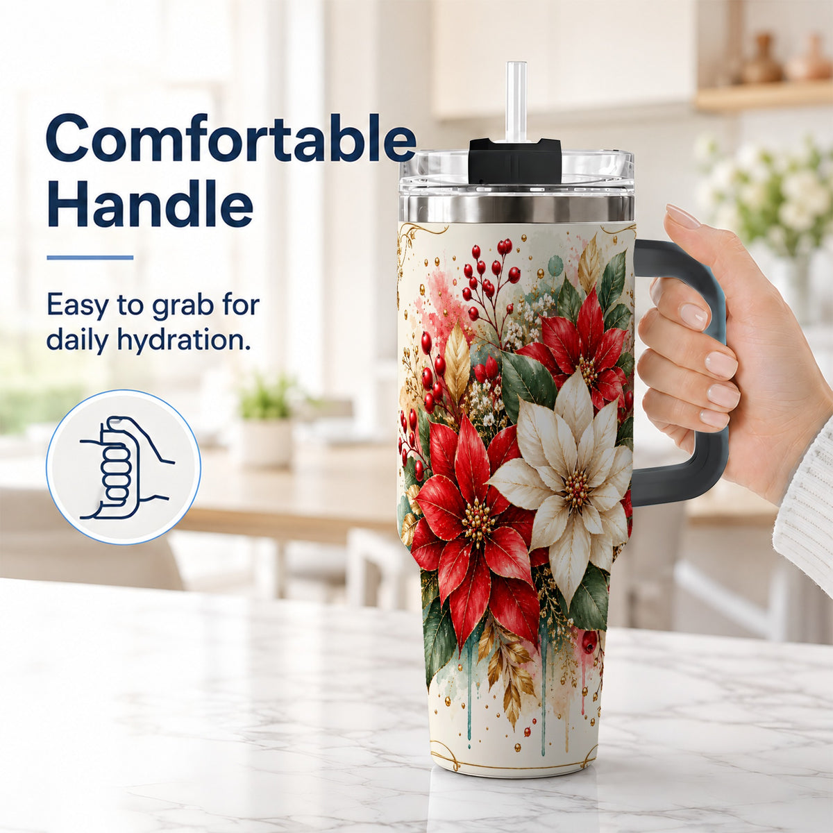 #pl[40oz|Black] Christmas Poinsettia 40oz Tumbler with Handle, Vintage Botanical Art