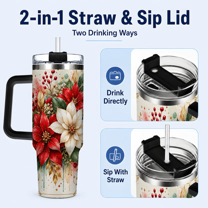 #pl[40oz|Black] Christmas Poinsettia 40oz Tumbler with Handle, Vintage Botanical Art