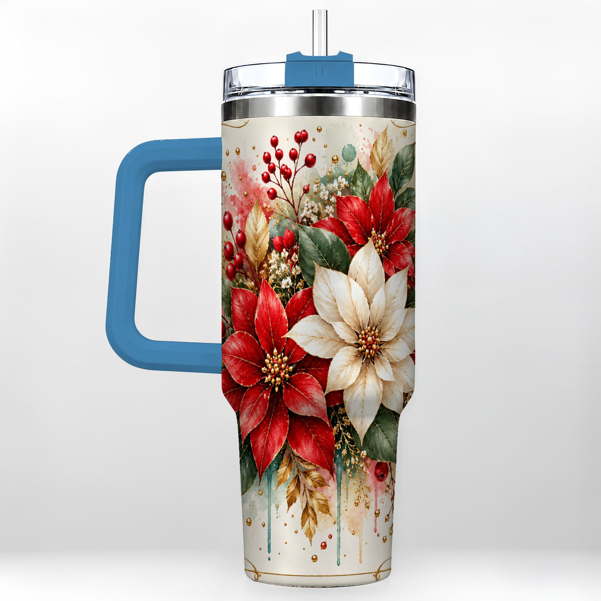 #pl[40oz|Blue] Christmas Poinsettia 40oz Tumbler with Handle, Vintage Botanical Art