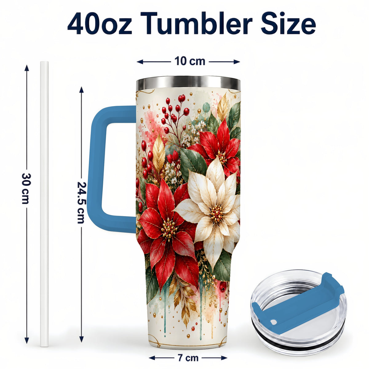 #pl[40oz|Blue] Christmas Poinsettia 40oz Tumbler with Handle, Vintage Botanical Art