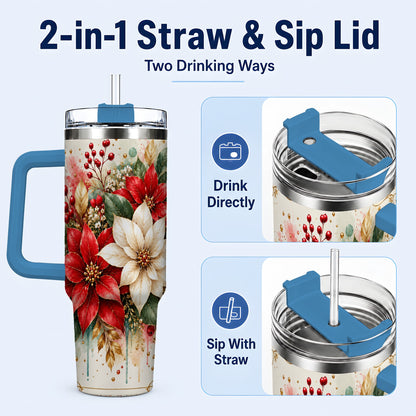 #pl[40oz|Blue] Christmas Poinsettia 40oz Tumbler with Handle, Vintage Botanical Art